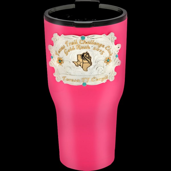 Stay cool and stylish with our Kamori Custom Tumbler - the perfect thermal cup to showcase your unique figure, ranch brand, or logo! Featuring a silver plated decoration with turquoise stones and bronze lettering.
