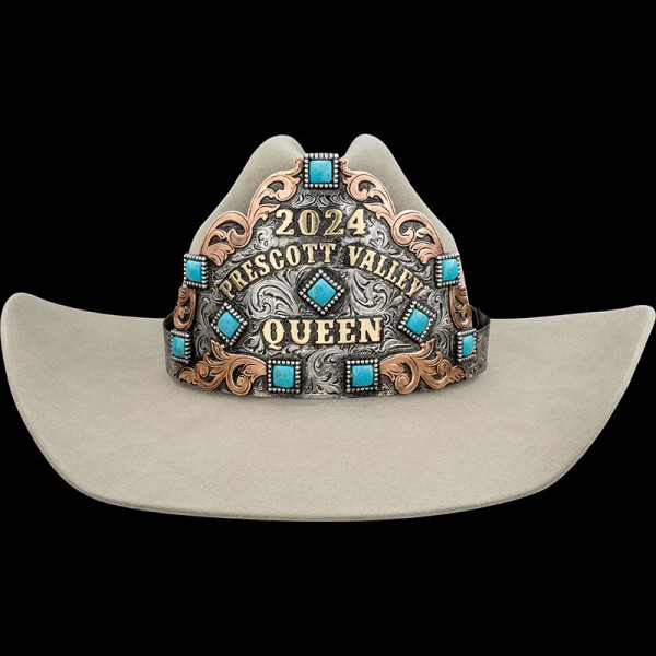Customize the exquisite Annie Oakley Rodeo Queen Crown, crafted with a German Silver base, copper scrollwork and large simulated turquoise stones. Only for rodeo royalty!