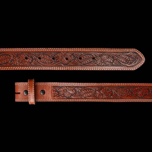 The Lone Pine Leather Belt features an exquisite floral pattern. Crafted on full grain leather, this western belt fits both cowboys and cowgirls. Pair it with your brand new custom belt buckles!
