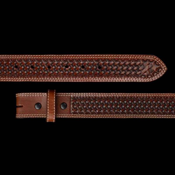 The Black Cherry Leather Belt features a darker tone of brown and a basket weave patter, perfect for any western outfit. Crafted on full grain leather with sizes available for men and women. Pair it with a custom belt buckle!