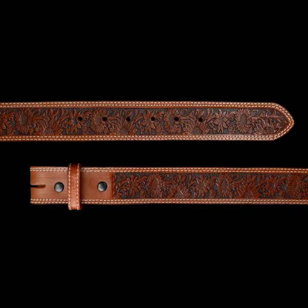 The Virginia Sunflower Leather Belt features a sunflower natural pattern, perfect for cowgirl's western outfit. Crafted on full grain leather with sizes available for men and women. Pair it with a custom belt buckle!