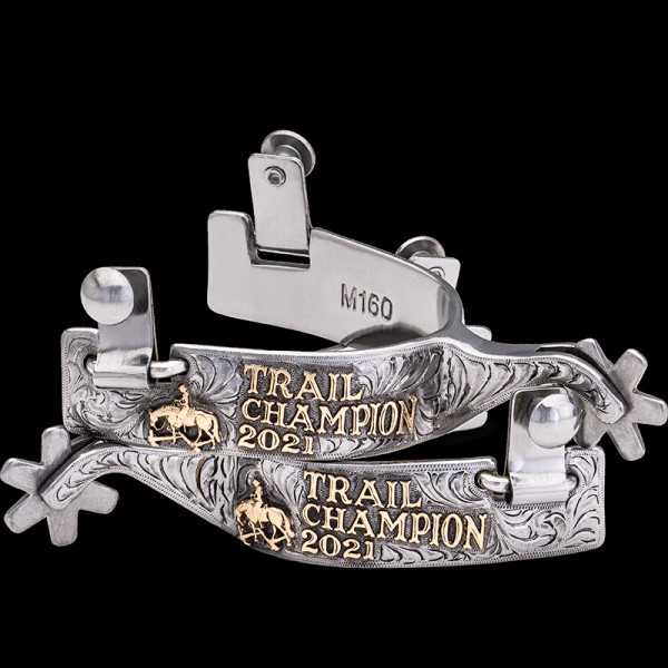 Customize the Etta Place Spurs, steel hand engraved cowboy boot spurs with shiny Jeweler's Bronze lettering and western figures. Available with up to 3 lines of text and spur size for men and women!