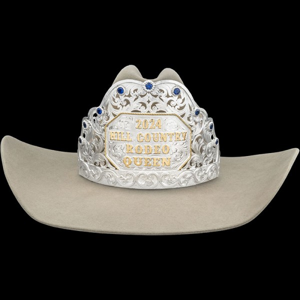 Rule the rodeo with the Diamond Kate Rodeo Crown - a personalized western tiara adorned with jeweler's bronze letters and gorgeous silver scrollwork fit only for a rodeo royalty.
