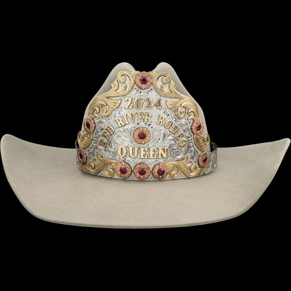 Embrace the essence of royalty with the Florence Adams Rodeo Crown - a custom rodeo crown adorned with german silver and gorgeous bronze scrollwork. Reserved for Rodeo Queens!