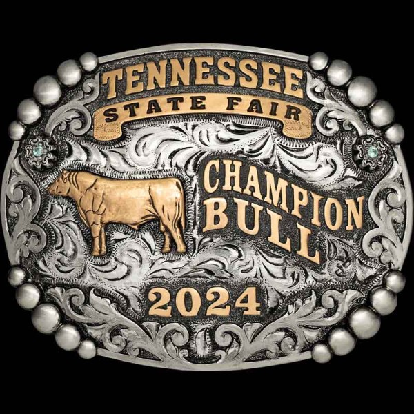 Show off that big stock show win with the Gatlinburg Belt Buckle! This buckle is hand engraved on a silver base with large silver beads frame and bronze lettering. Personalize this buckle now!