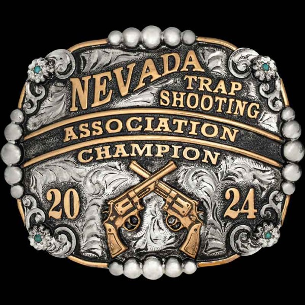 The Jacksonville Belt Buckle  is a classic trap shooting trophy buckle with large silver beads, silver flowers and black enamel on the bronze lettering. Customize it with your prefered gun figure or logo!