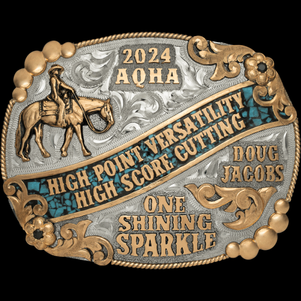 The Knoxville Turquoise Buckle is built in a silver base with a bronze frame, beads and filigree. Customize it with 9 lines of lettering and personalized stone color!