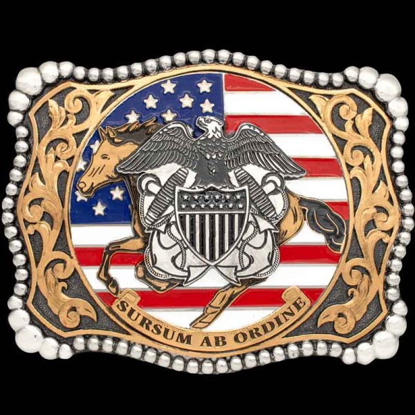 The Lincoln Custom Belt Buckle will pay homage to US military forces. Featuring bronze scrollwork and the American Flag in the base. Customize this american flag belt buckle today!