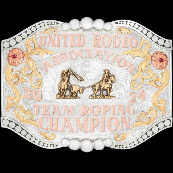 The Josie Ann Custom Belt Buckle is a silver women's belt buckle perfect for team roping championships or rodeo competitions. Customize it now!