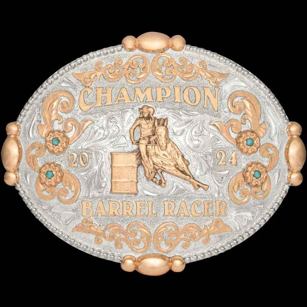 The Pearland Custom Belt Buckle is a true Western gem featuring bronze inner scrollwork and large beads. Personalize this silver buckle design today!