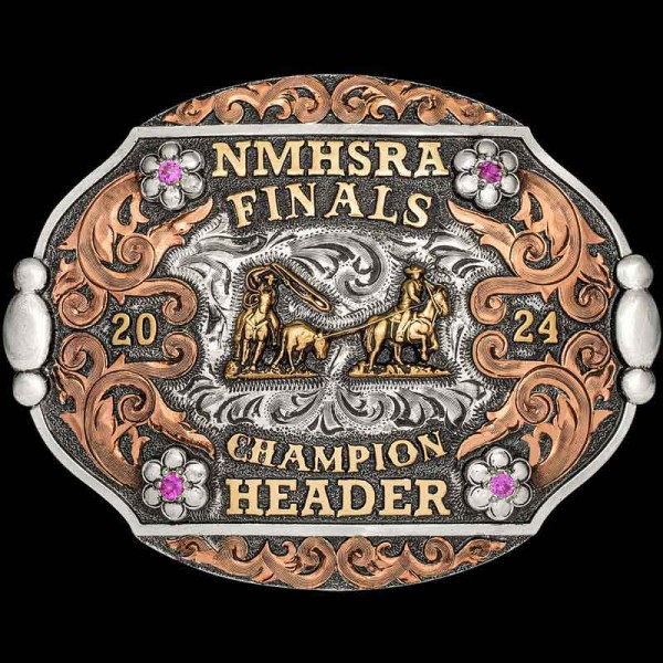 The Roseberry's Belt Buckle features a unique shape and immaculate detailing in its copper scrollwork. Personalize this cowgirl's buckle design for your next rodeo event!