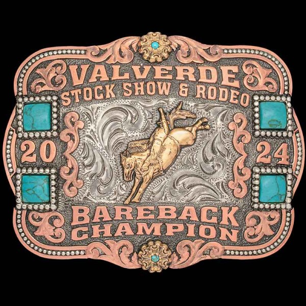 Show your true grit with the detailed Valverde Custom Belt Buckle! Built on with turquoise stones and beautiful copper scrollwork. Customize it now!
