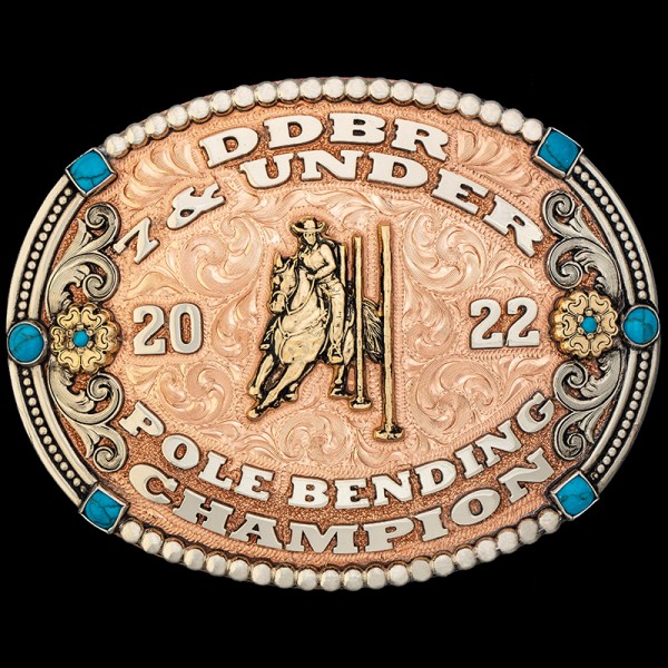 The Aberdeen Belt Buckle has a natural copper base, silver beads frame, adorned with beautiful silver scrolls, turquoise stones, and bronze flowers. Customize this buckle today!