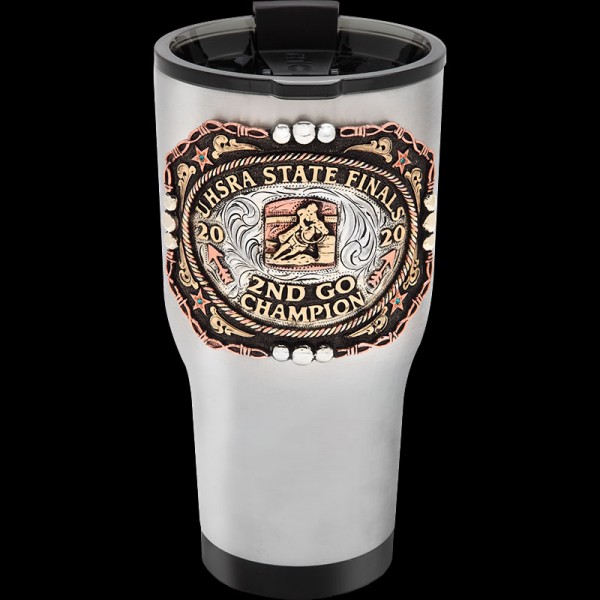Elevate your style with our Angora Custom Tumbler. a luxurious 30 oz thermal cup that can be personalized with your own lettering,  figure, ranch brand, or logo. Featuring a barbed wire frame and hand engraved silver decoration.