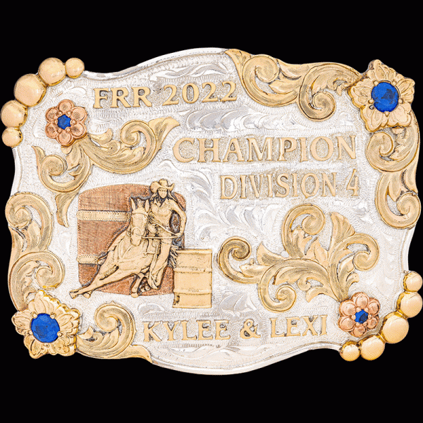 The Arcadia Belt Buckle is a silver buckle with bronze beads and scrollwork edge perfect for every cowgirl. Personalize this barrel racing buckle design now!