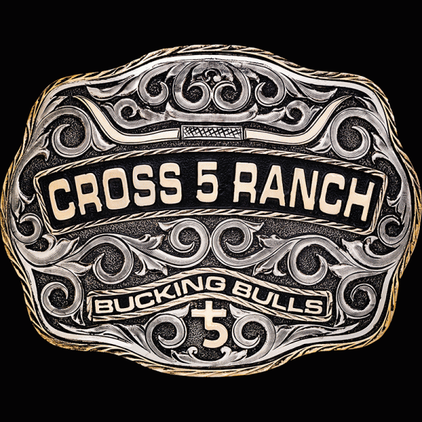 The Cheyenne Belt Buckle is perfect to accomodate your Ranch Brand or Custom Logo. Adorned with steer horns and black enamel for your custom lettering. Personalize this buckle now!
