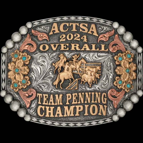 The Clemson Custom Belt Buckle is adorned with beaded corners, diamond edge details, and flowers. Make it the perfect trophy buckle and customize it today! 