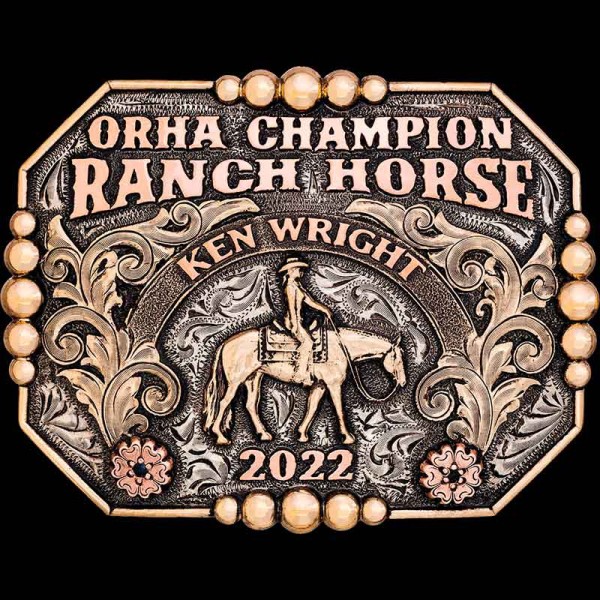 The Albuquerque Custom Belt Buckle is a classic western buckle design featuring bronze beads frame and beautiful scrollwork. Customize this buckle for your rodeo event!