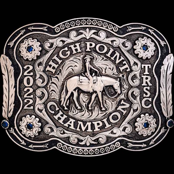 The Corpus Christi Custom Belt Buckle is an entirely German Silver buckle with an antiqued finish and border feathers. Personalize this silver buckle!