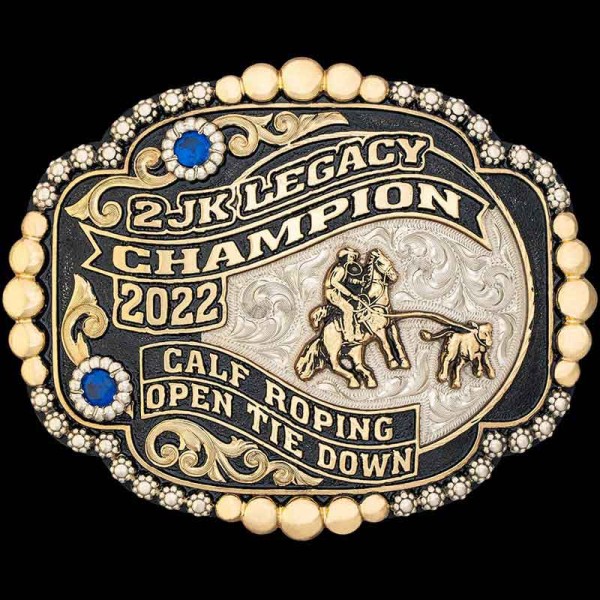 The Joplin Custom Belt Buckle features a beautiful bronze bead edge with splendid bronze lettering and scrollwork. Personalize this belt buckle with your own logo, ranch brand or western figure!