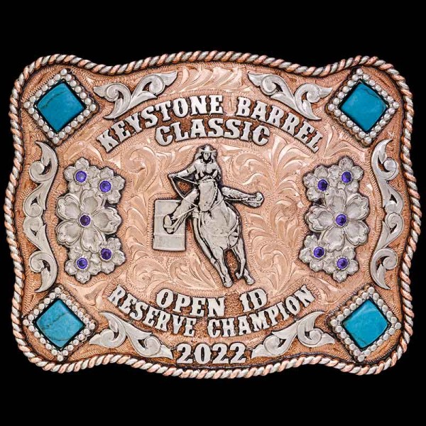 Our Keystone Custom Belt Buckle has a copper base with a rope edge, 4 large turquoise and 10 zirconia stones. Personalize this beautiful copper belt buckle with your own western figure!