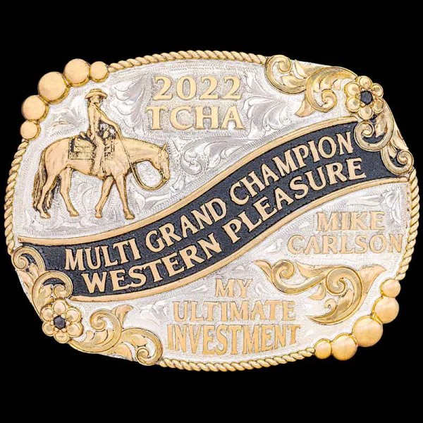 The Stockyard Custom Belt Buckle is a great buckle for year end awards and trophies. Features a bronze bead, rope and floral edge with plenty of room for letters.  Customize it today!