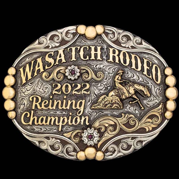 The Wasatch Custom Belt Buckle is a classic trophy buckle built on a silver oval base. Personalize this award buckle now!