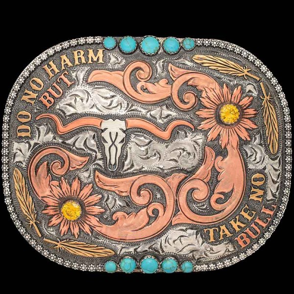 The Spirit of the Wild West resides on the Ellie Custom Belt Buckle! This buckle features 2D western figures, copper scrollwork and 10 turquoise stones. 