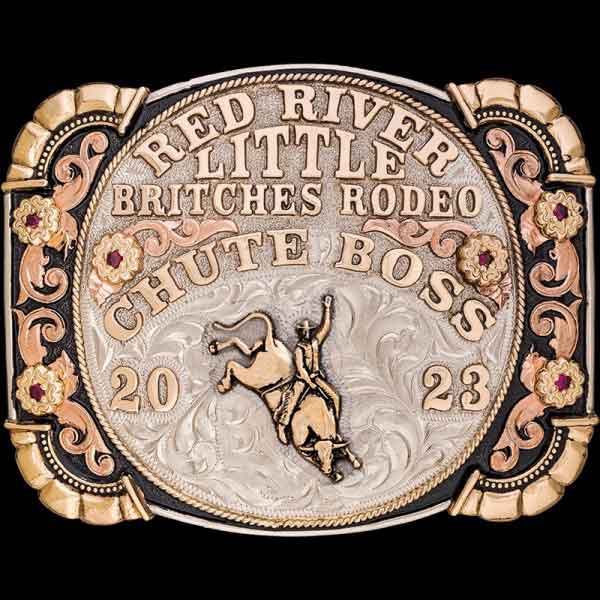 Our Flower Mound Custom Belt Buckle features jeweler's bronze corners and inner copper scrolls with a fancy inner oval for your lettering. Personalize this belt buckle now!