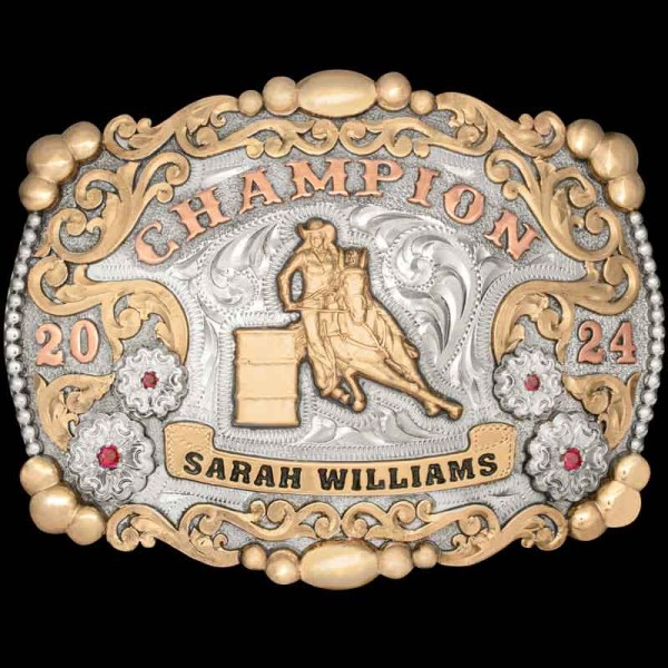 The Idaho Falls Belt Buckle is a celebration of rodeo excellence. Crafted for champions, this trophy buckle features a hand engraved base, adorned with bronze beads and scrollwork. Customize it now!
