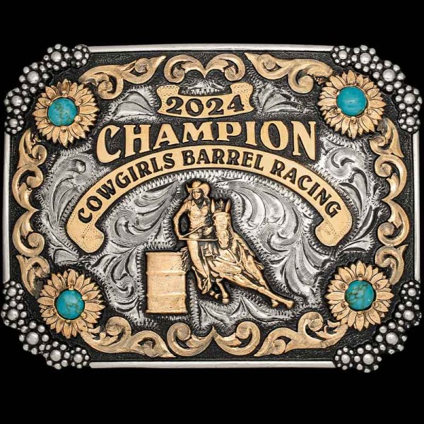 The Lampasas Custom Belt Buckle embodies the spirited essence of cowgirl style. Featuring flower bead corners and Turquoise stones. Customize this design now!