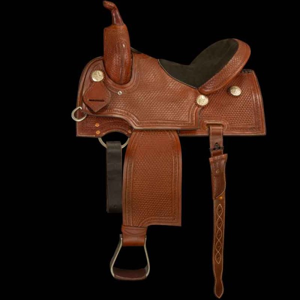 Ideal for trail rides or competitive events, this ranch saddle features full carving with a Basket Weave pattern and a padded suede half seat for comfort. 