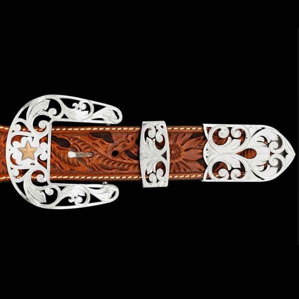 Simply Beautiful. The Pendleton Three Piece Buckle Set is a staple buckle for any cowboy. This set features gorgeous filigree on the buckle, loop and tip, decorated with the legendary western golden star. Order now!
