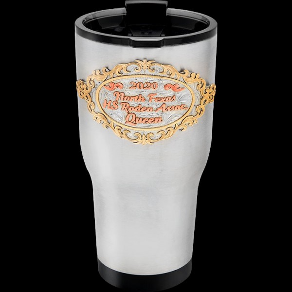 Customize your own Saanen Custom Tumbler and make a statement wherever you go. Yes, this 30 oz. thermal cup is beautifully hand engraved and features a unique bronze filigrane frame with copper lettering.