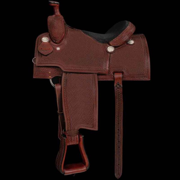 Ideal for trail rides or competitive events, this ranch saddle features full carving with a Basket Weave pattern and a padded suede half seat for comfort. 