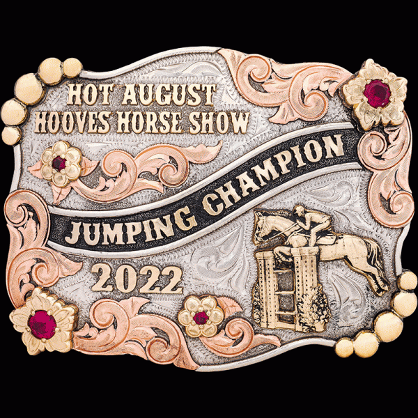 Santa Barbara Classic , Silver buckle with a combination floral, bead and line edge, bronze lettering, bronze and copper scrolls.  Your choice of letters, stones, and figure.