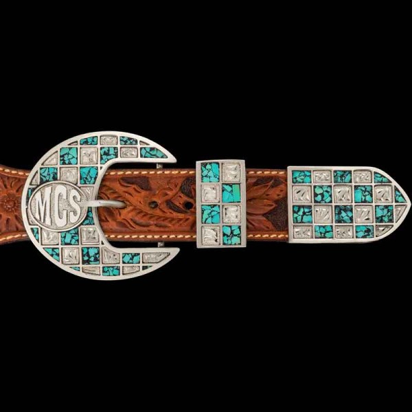 The unique Topanga Custom Three Piece Buckle Set is sure to stand out on any western outfit! Featuring Molly's checkerboard pattern intertwined with our Crushed Stones. Personalize it today!