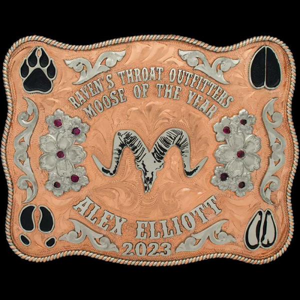 The Tucson Custom Belt Buckle reflects The Spirit of the Wild West featuring german silver scrolls, copper edge and base. Customize this hunting buckle with your own logo now!