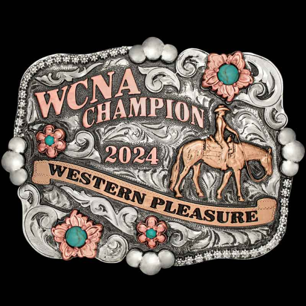 The Woodstock Custom Belt Buckle is perfect for any cowgirl! Built with beautiful copper flowers and silver berry frame. Customize this absolute western buckle today!